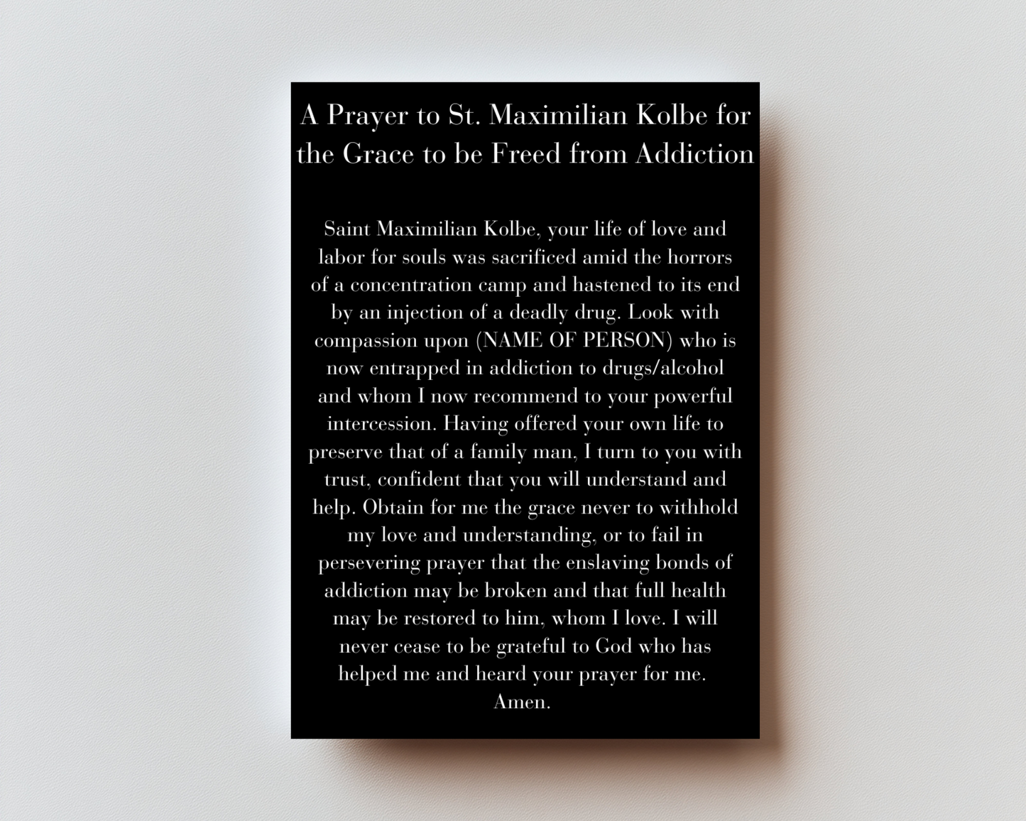 Prayer to Maximilian Kolbe for the Grace to be Freed From Addiction Premium Metal Prayer Card