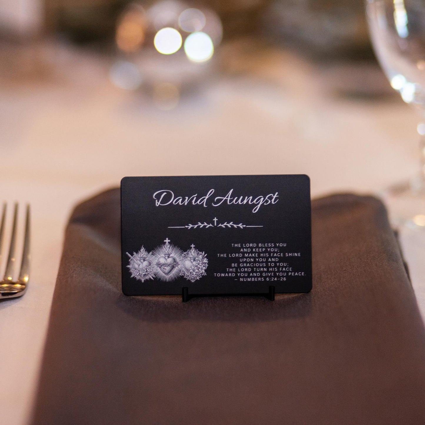 Laser Engraved Table Markers Custom Place Cards Corporate Event Seating Black Aluminum Metal Construction Personalizable Business Event Place Cards Bulk Custom Order Available Matte Finish Professional Design Wedding Gala Dinner Table