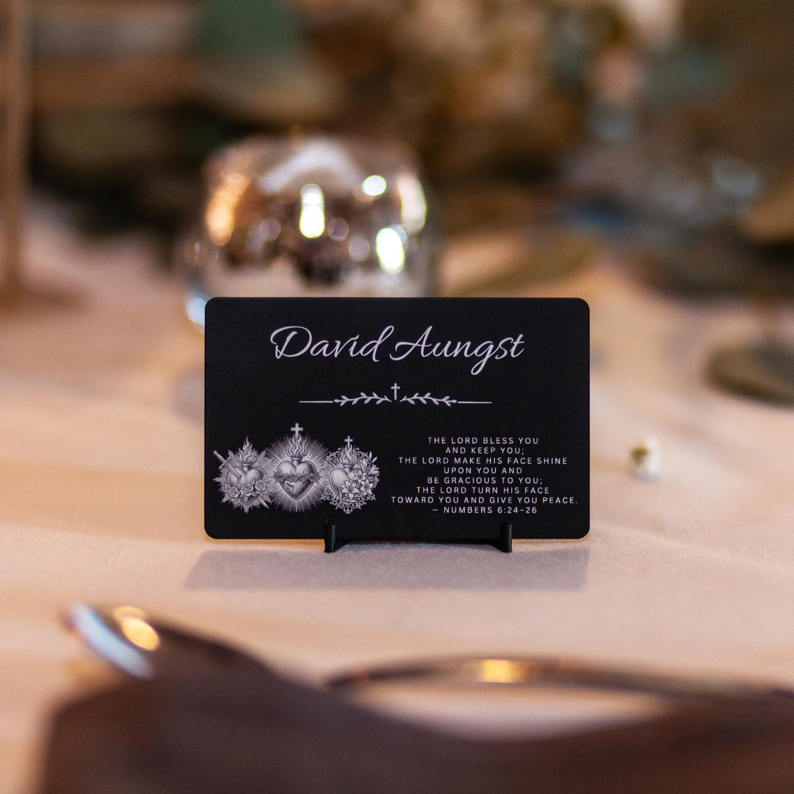 Personalizable Event Place Cards Laser Engraved Custom Text Black Aluminum Table Markers Wedding Place Cards Bulk Order Matte Finish Metal Construction Durable Design Corporate Business Event Seating Cards Gala Dinner Guest Name Markers
